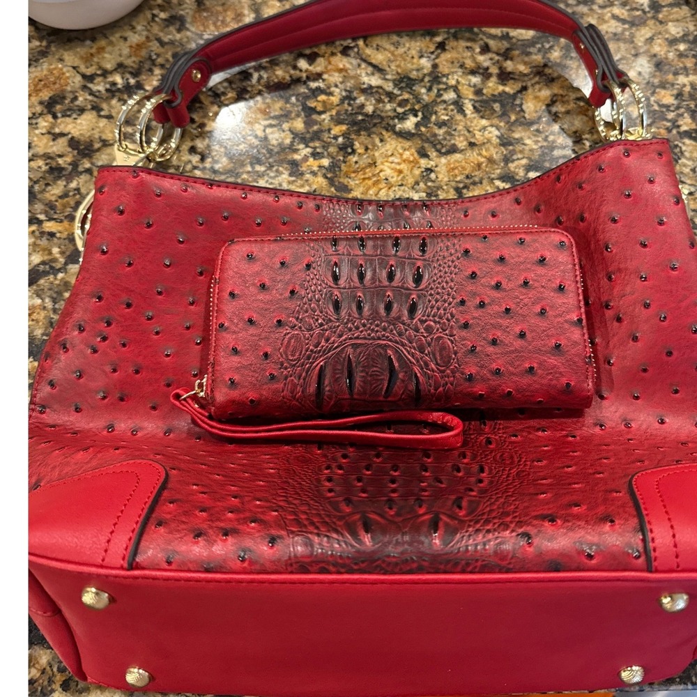 MKM Shoulder Bag Tote Wallet Red Ostrich Crocodile Print Faux Leather Preppy NEW